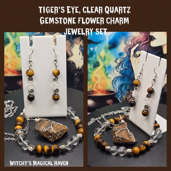 Tiger's Eye Clear Quartz Gemstone Beaded Flower Charm Jewelry Set - Picture 1 of 8